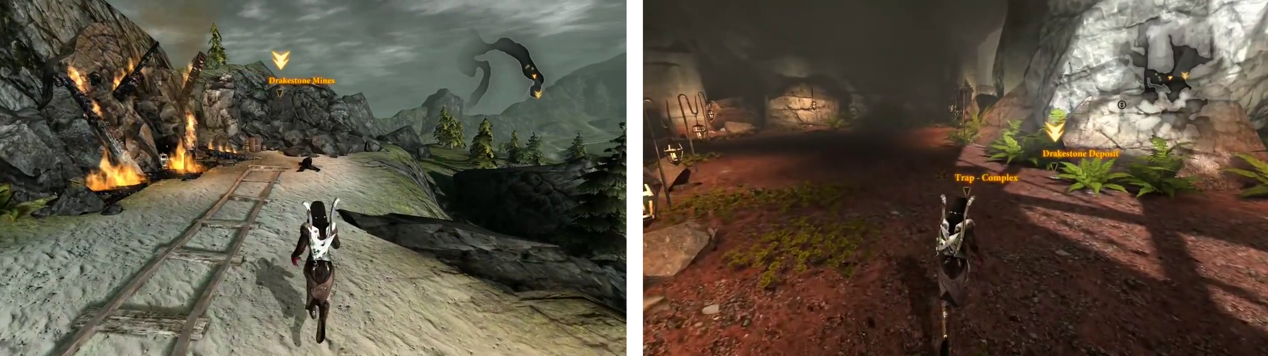 Enter the Drakestone Mines (left) and keep an eye out for Drakestone Deposits (right) as you move through the zone.