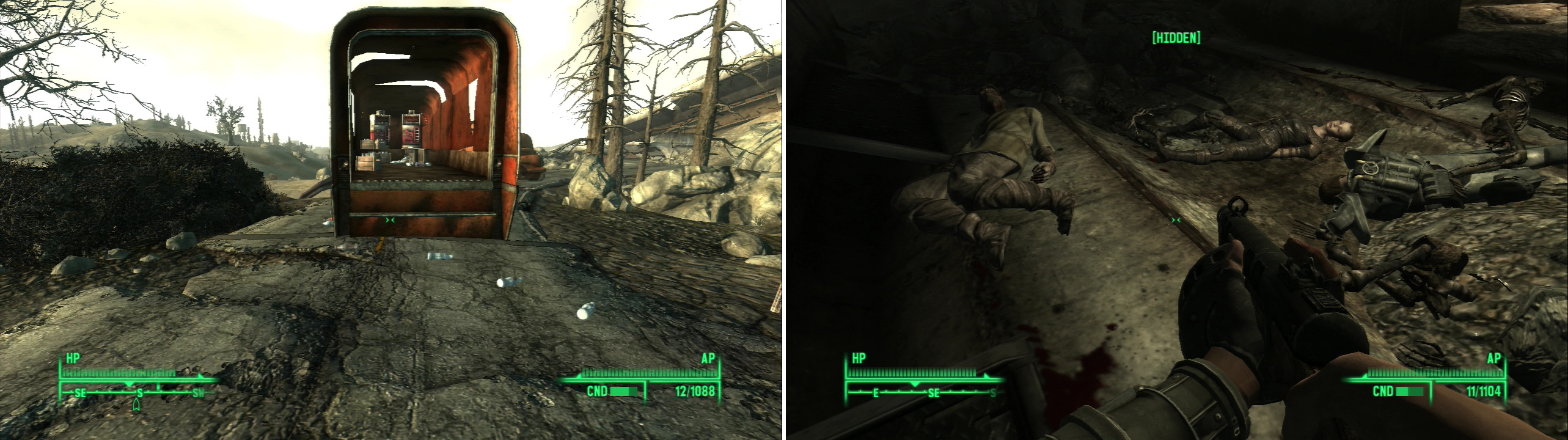 This accident might have been a nuisance when it occured, but today it provides us with a treasure trove of Nuka-Cola goodness (left). Explore the sewers under Old Olney to find the corpse of a Brotherhood of Steel Initiate wearing some unique Power Armor (right).