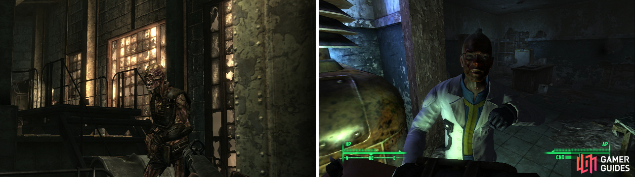 Feral Ghoul Reavers (left) are some of the most powerful creatures prowling the Wasteland. Many times something is amiss in Fallout 3, a person in a lab coat will be the cause (right).