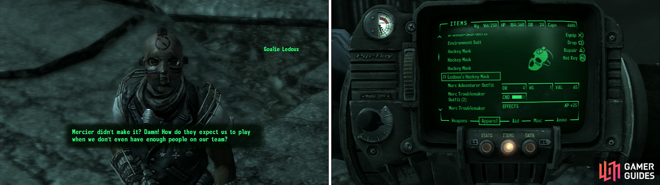 You can strike a lucrative deal with Goalie Ledoux for the Nuka-Cola Clear Formula (left), but be sure to kill him for Ledoux’s Hockey Mask (right) which is an excellent piece of equipment.