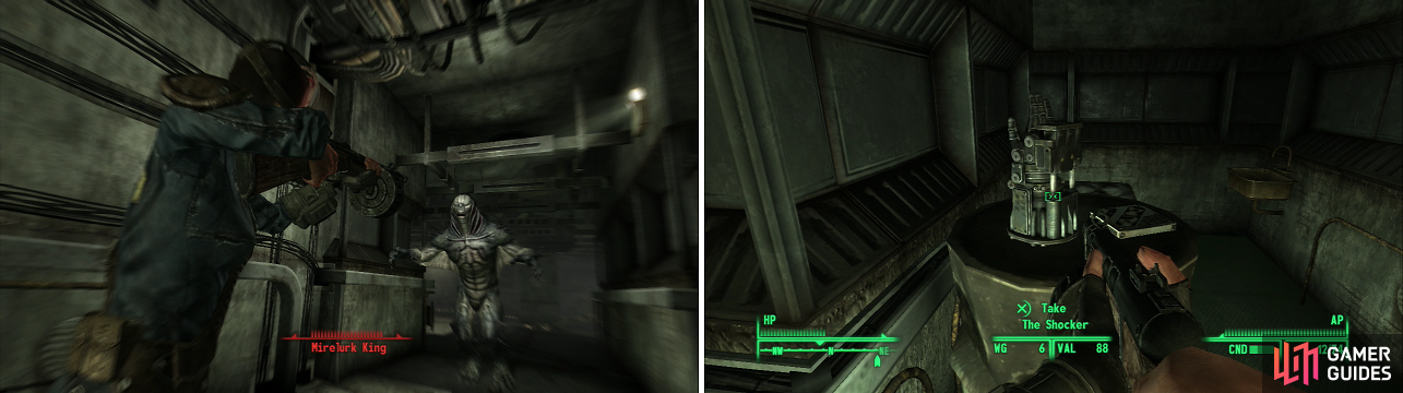 Mirelurks infest the Flooded Metro (left), but if you want to obtain The Shocker (right) you’ll split a few shells.