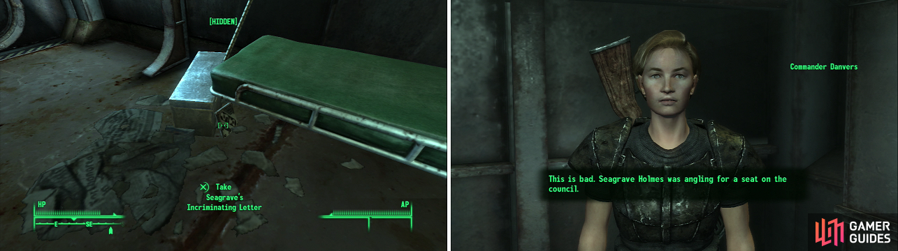 Seagrave Holmes doesn’t hide his incriminating, career-ending evidence very well (left). Take the holotape to Danvers to satisfy Bannon, and score yourself a Schematic - Deathclaw Gauntlet (right).