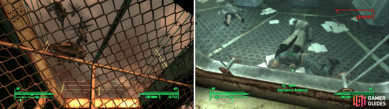 The Enclave’s arrival interrupts your work at a most inopportune time (left). Dad sacrifices his life rather than let his research be perverted by the Enclave (right)