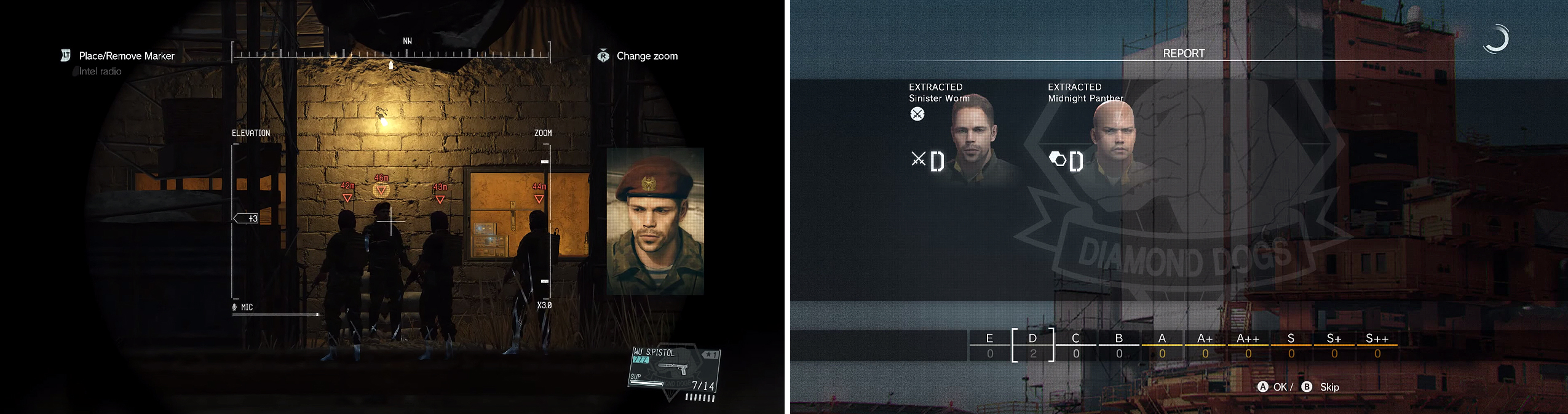 If you catch the Commander with your binoculars and I.D. his face (left) you can confirm he’s the target. Extracting him has benefits since he is usually an elite soldier for Mother Base (right).