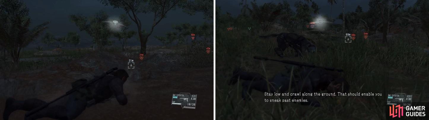 Be careful of the wild animals in the area (left), as they will attack you on sight. Snipers have a great field of vision (right), so if you see the white bar at the top, go prone immediately.