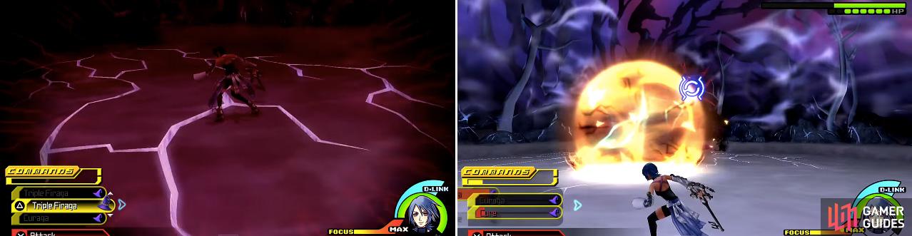 Dark Hide switches to his point of view (left) periodically for the first part of the fight. You can dodge this attack. He also uses an attack like a Mega Flare (right) which must be dodged to avoid massive damage.