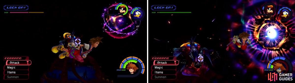 Ansem sets up (left) and unleashes his Dark Void power that will draw Sora and company in as Sora tries to fly away (right).