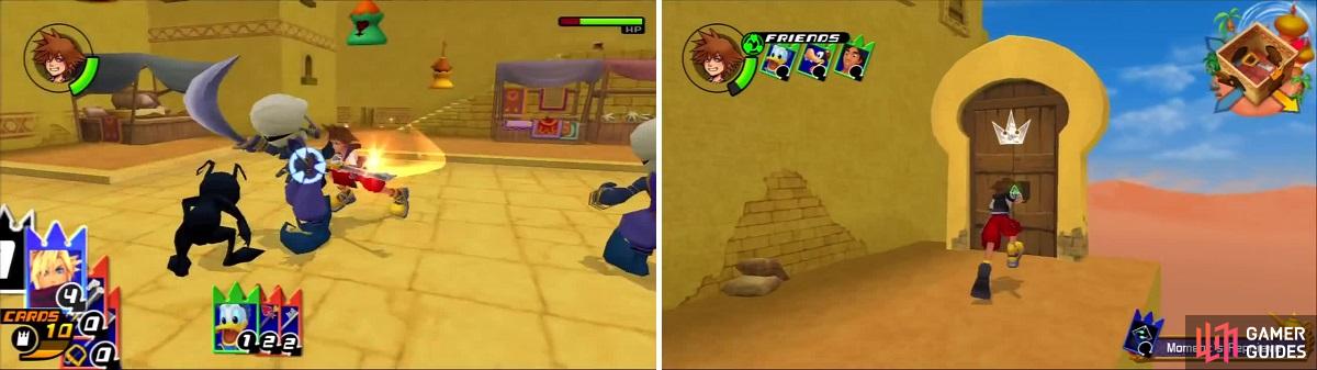 Fight off the Heartless that surround Aladdin (left). Enter the Room of Guidance (right) to keep the story moving.