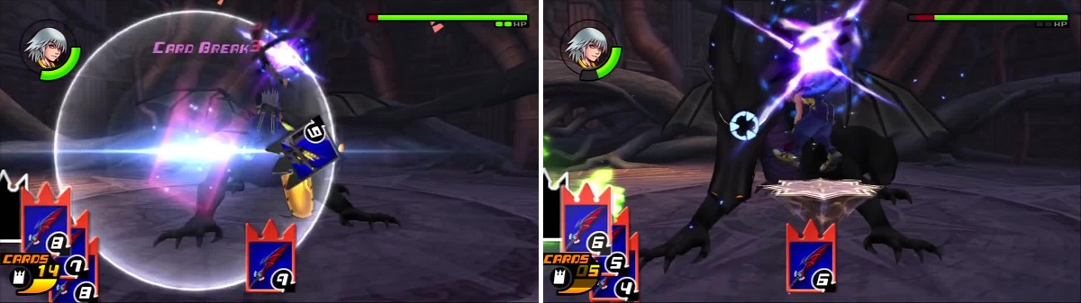 Riku starts the battle off with a cardbreak (left). Riku has the chance to unleash multiple attacks while avoiding the fire on the ground (right).