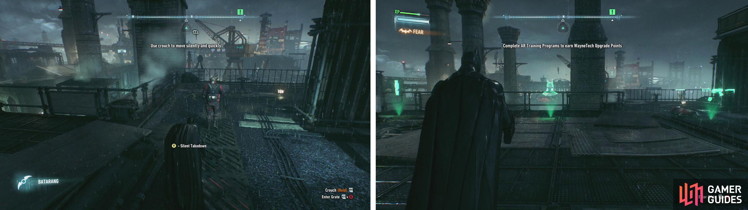 Use silent takedowns to eliminate the guards that exit the room (left). After picking up a new suit, try some training simulations (right).