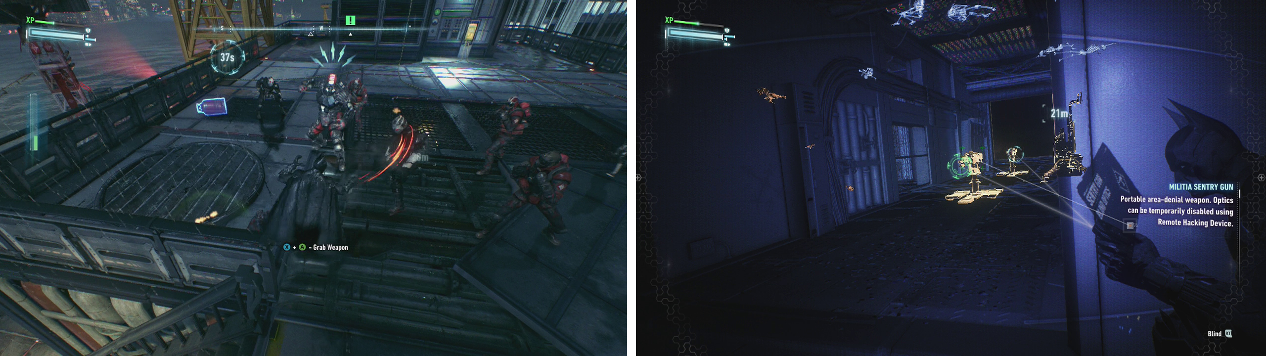 Beat up the enemies on the rooftop (left) before proceeding carefully to the teminal, blinding the Sentry Turrets as you go (right).