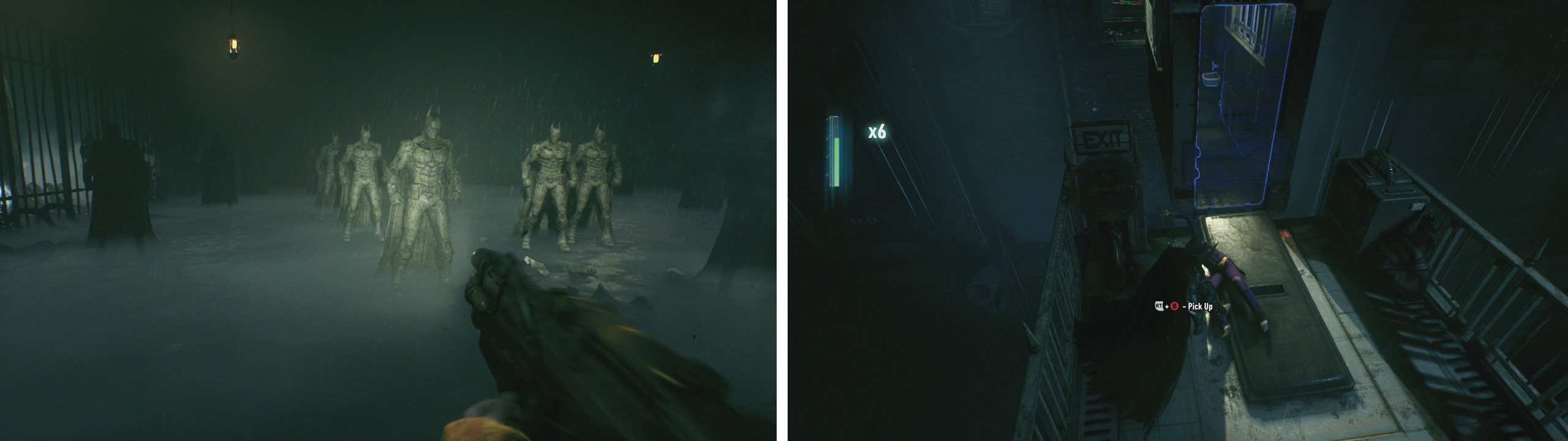 Destroy the statues until a scene plays (left).You’ll need to perform a environmental takedown to end the final fight (right).