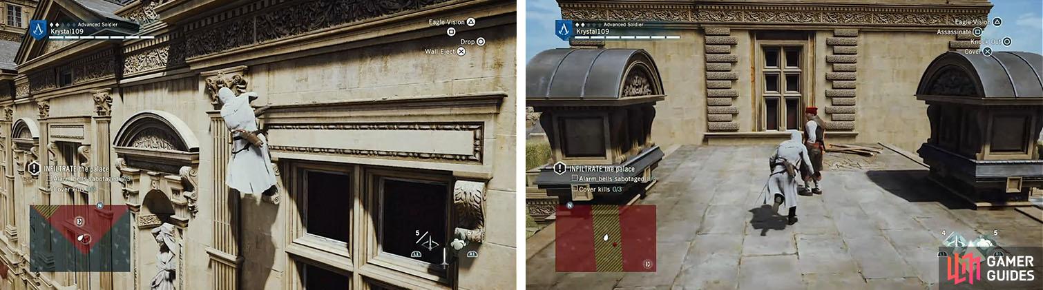 Climb the outer side of the building to avoid the snipers gaze (left). When approaching the Brute on the next roof make sure he is walking away before dropping to the ground (right).