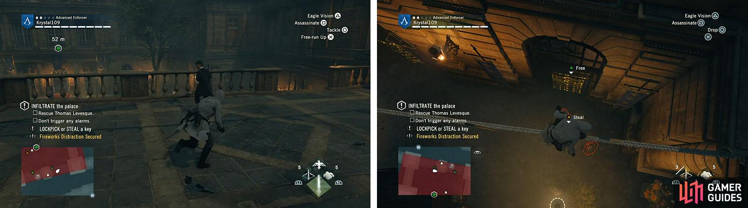 Climb up to the landing and kill the snipers (left). Once in position on the rope wait for both guards to walk over and be highlight to double air assassinate them (left).