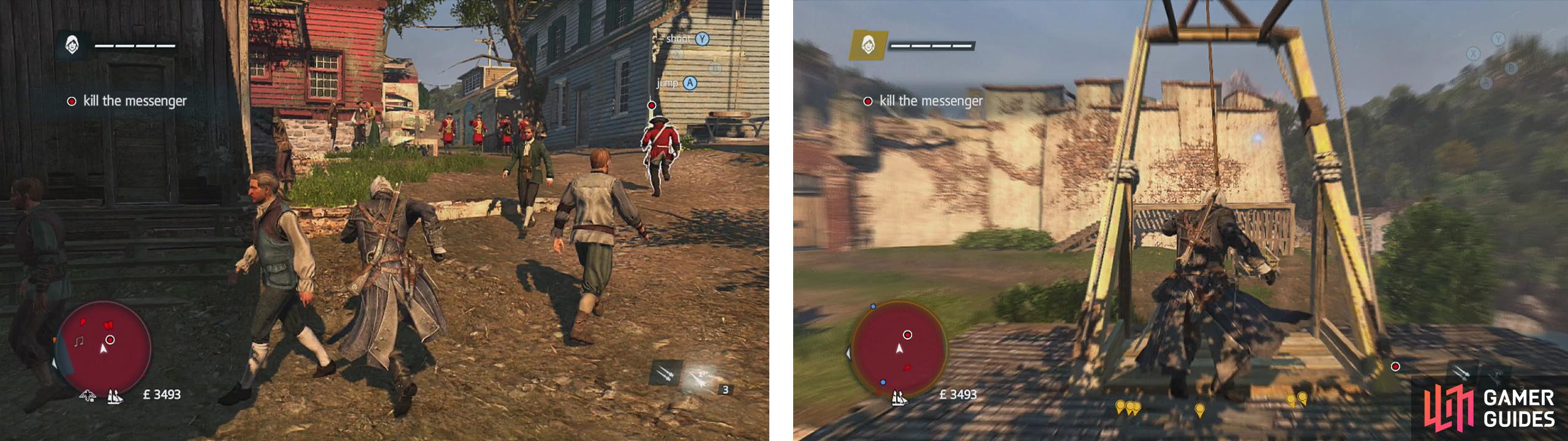 Chase after the messenger (left) and use the rope (right) to swing out and air assassinate him.