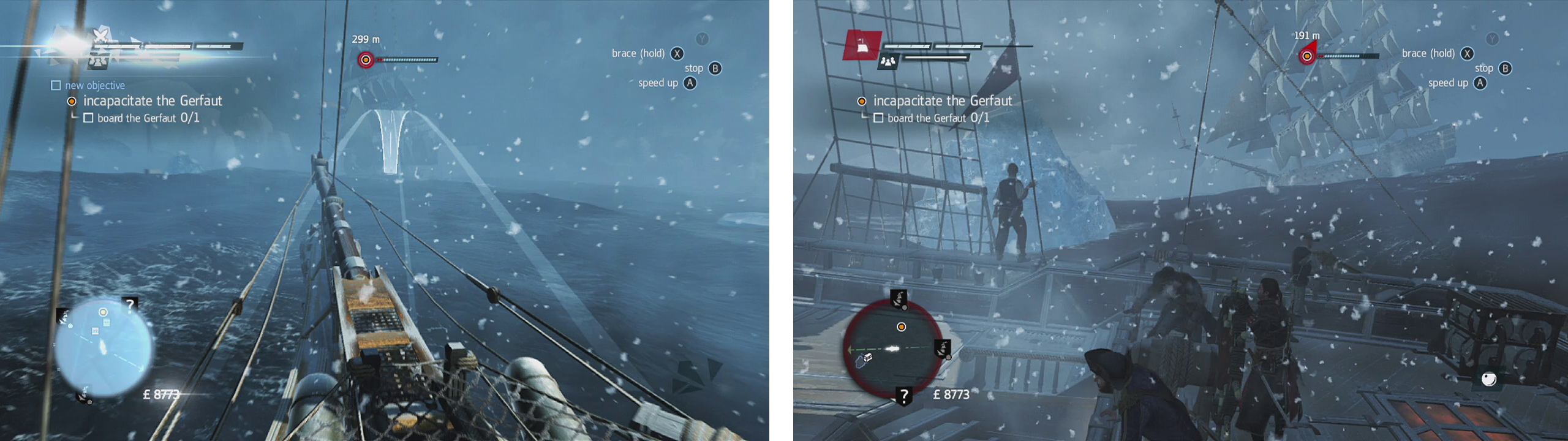 Once you have spotted the ship (left) you’ll have to take it down - be sure to avoid the ice bergs for that optional objective (right).