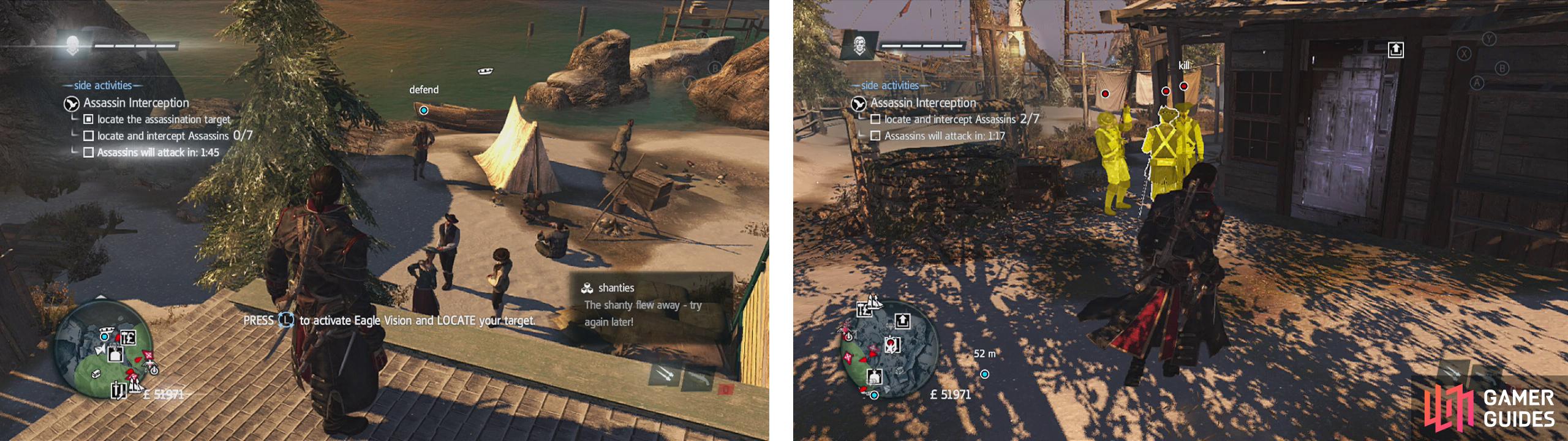 The target is located by a tent near the tavern (left). Three assassins can be found outside the general store (right).