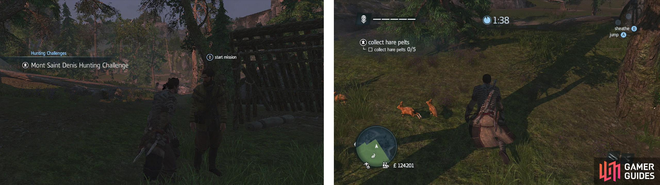 Approach the hunter to start the challenge (left). Chase after and use your hidden blades to kill the hares (right).