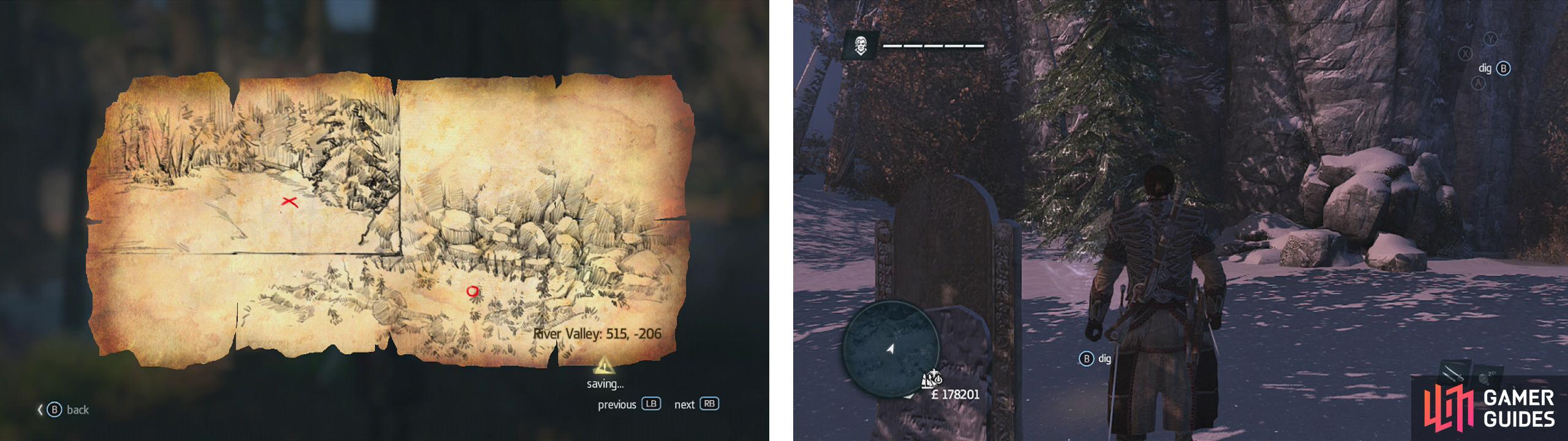 Go to the co-ordinates on the map (left) and find the location drawn (right) to find a dig spot.