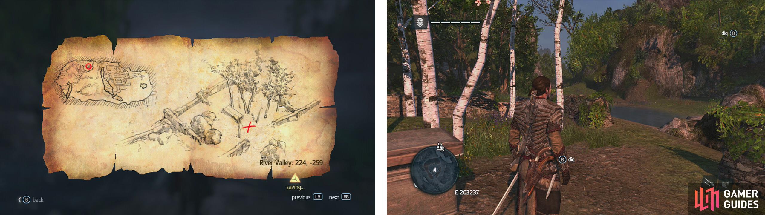 Go to the co-ordinates on the map (left) and find the location drawn (right) to find a dig spot.