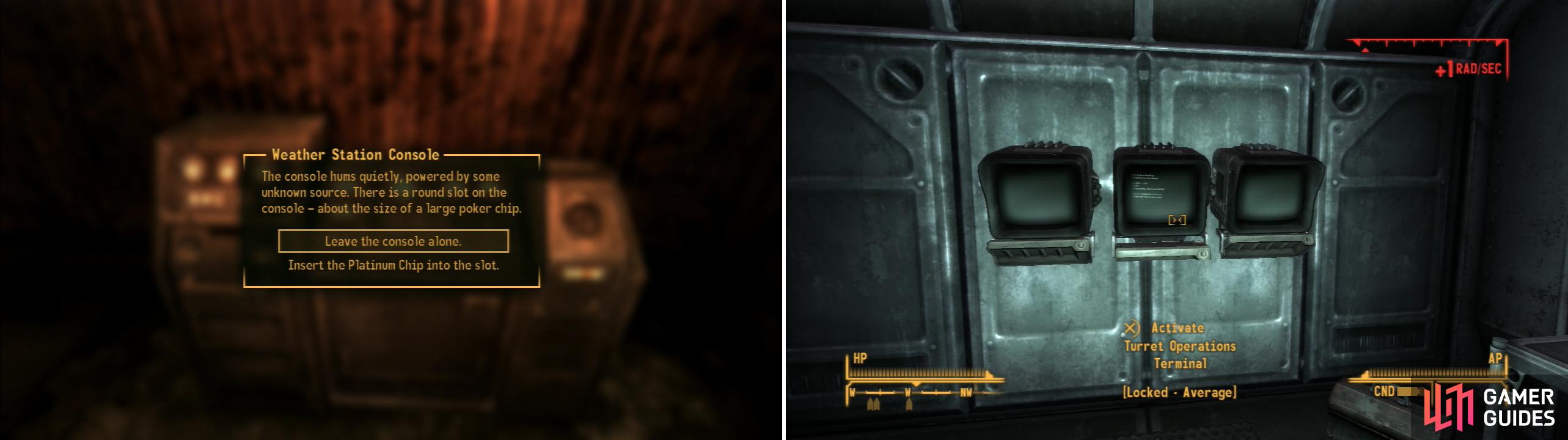 Use The Platinum Chip to gain access to Mr. House’s bunker under Fortification Hill (left). You’ll make your life a lot easier if you hack some terminals and disable the security in the bunker (right).