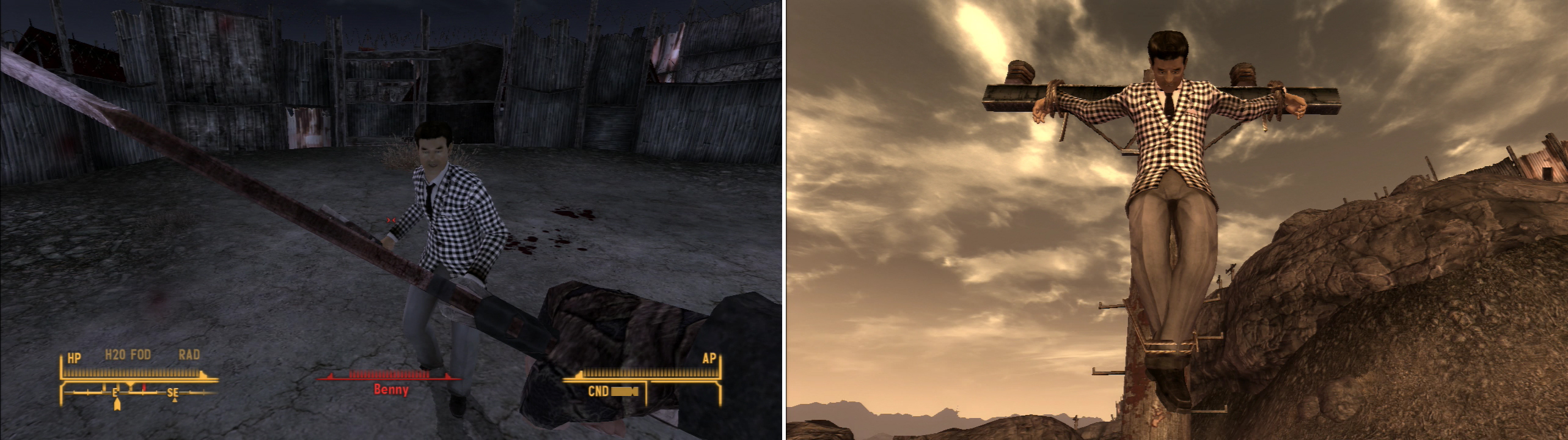 After you do Caesar’s will in the bunker below Fortification Hill, you can deal with Benny however you please. Fighting him fairly in the arena is a fair, gratifying way to get revenge (left), but you can also choose to have him crucified, for a more sadistic, vindictive Courier (right).