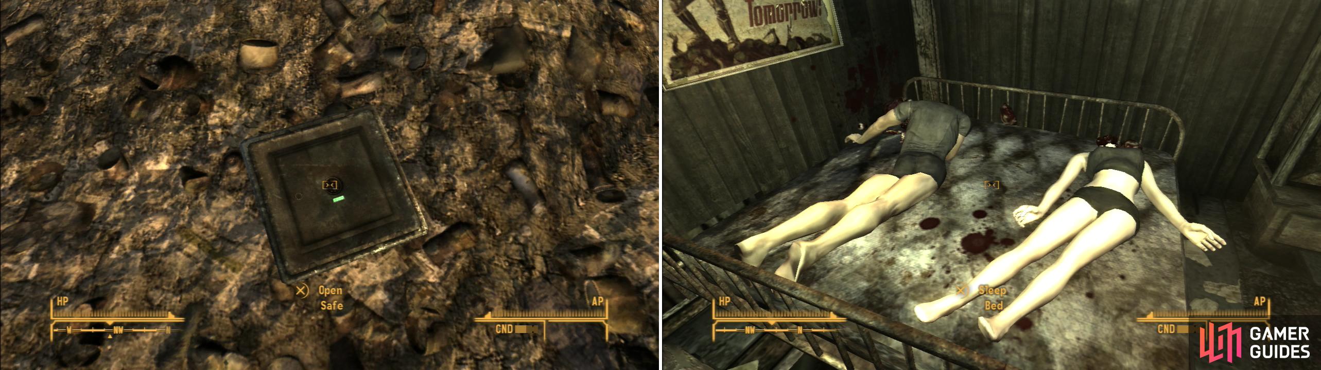 There are a number of treasures you can uncover in Primm, including a safe buried amidst some ruins (left). Crime may not pay, but compared to what happens to the law… it might not be a bad shake (right).