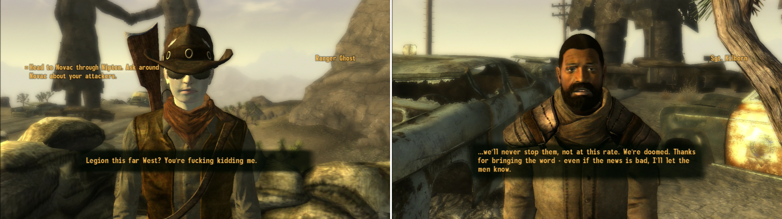 Ranger Ghost can hardly believe the cause of Nipton’s demise (left) and other, less sturdy NCR soldeirs are shaken to the point of despair (right). Vulpes Inculta’s terror tactics seem to be working.