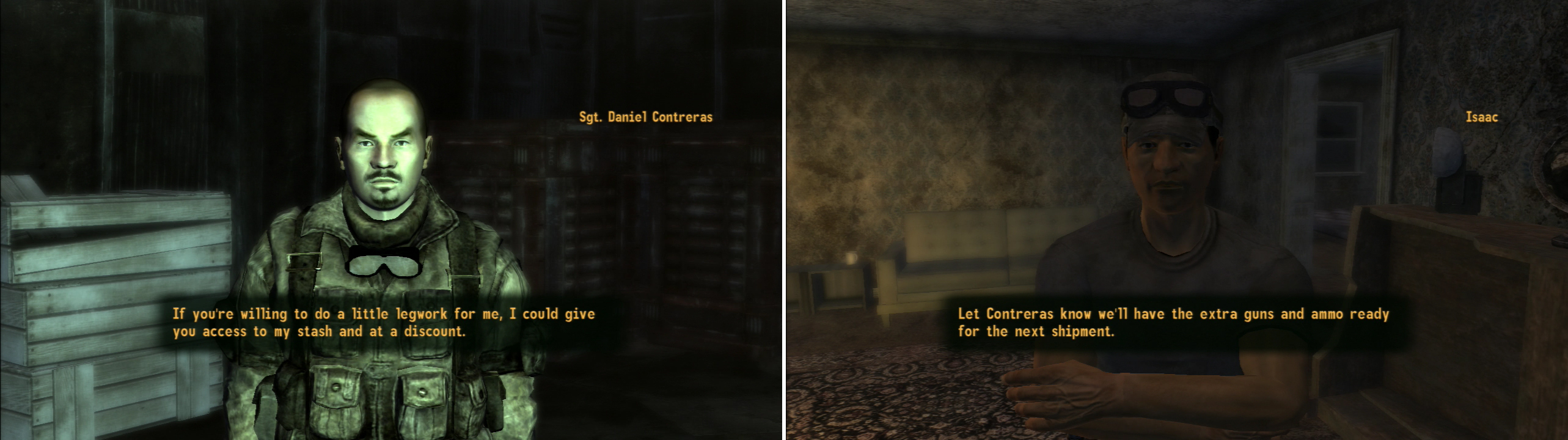 Contreras’ side jobs aren’t exactly legal, but he’s willing to cut you in on some action if you’re willing to do some leg-work (left). You can collect a junkyard’s worth of scrap for Isaac… or just pass a Speech or Barter check (right).