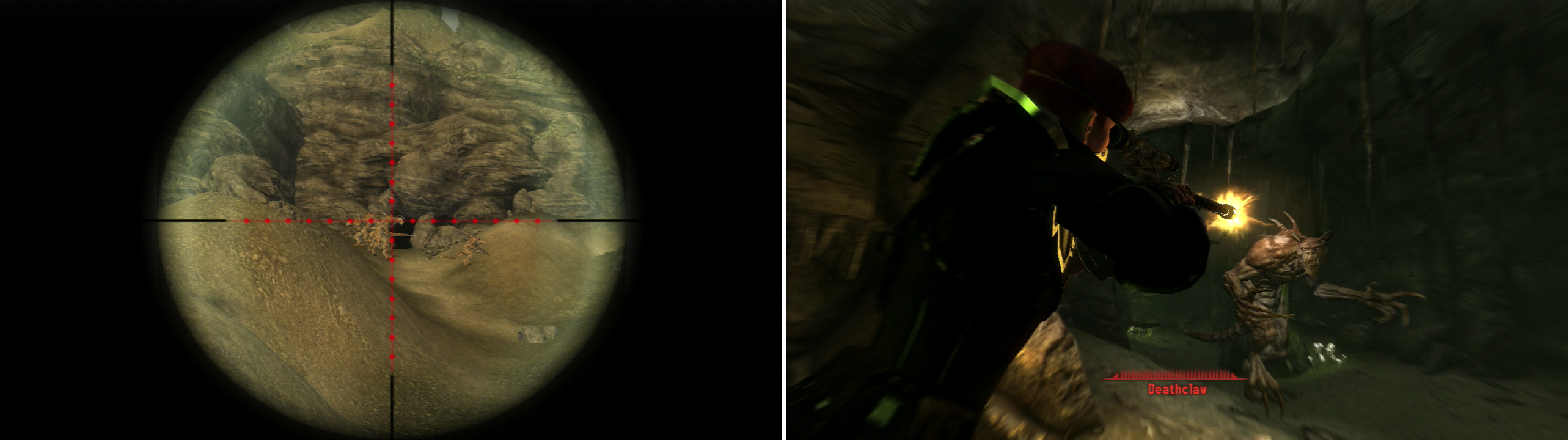 You can get a distant vantage from which you can pick off the Deathclaws outside of Dead Wind Cavern (left). The confines of the caverns ensure that closer encounters are bound to occur (right).