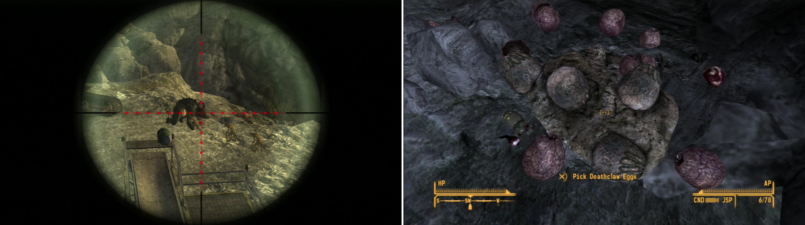 Range again is your greatest weapon… well, your greatest weapon not named “Gobi” (left). Kill the Deathclaws at Quarry Junction and search their cave for some prized Deathclaw Eggs (right).