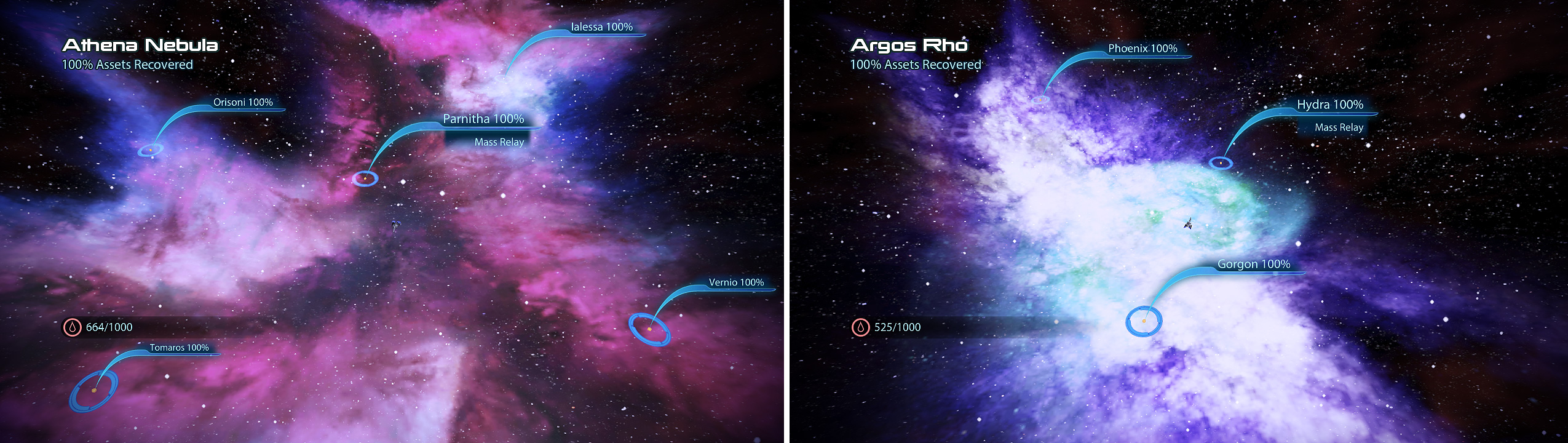 This huge galaxy will take some time to fully explore but it’s worth it for the huge amount of assets and fuel (left). Another colourful galaxy, scour it for artifacts and assets, notably the Kakliosaur Fossil (right).