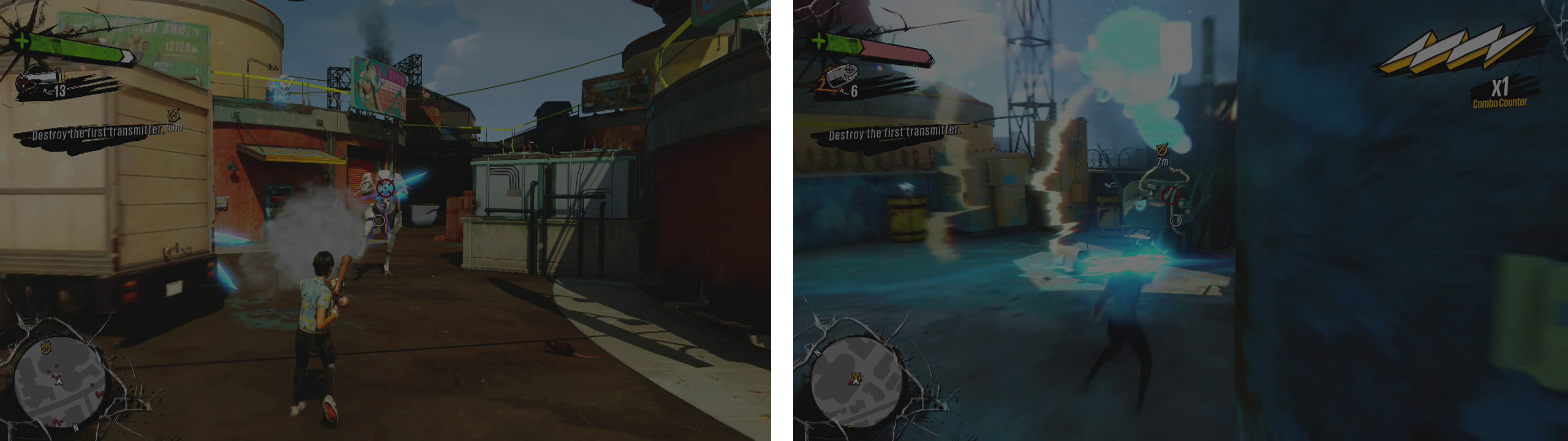 Clear your way through the Blade and Rifle Bots (left) to reach the first transmitter (right).