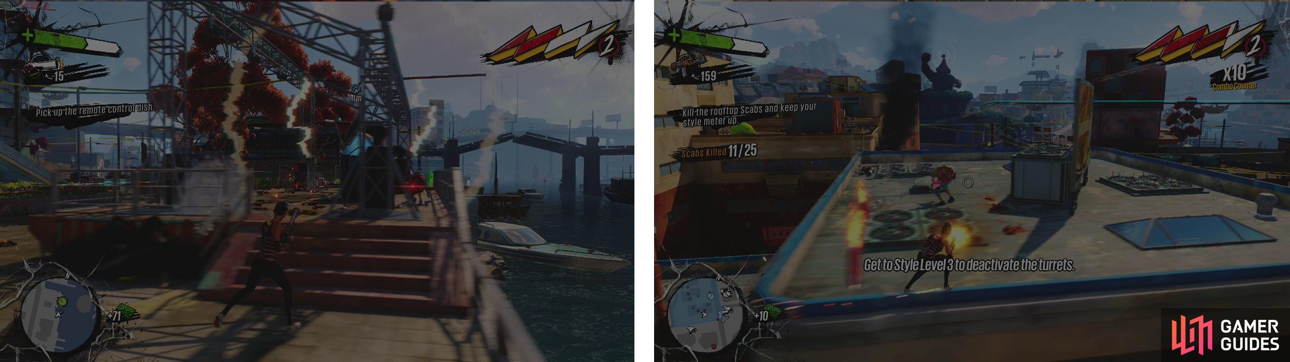 Grab the remote from the stage (left) and then head to the rooftops to kill Scabs (right) - keep that style meter high to avoid turret fire!