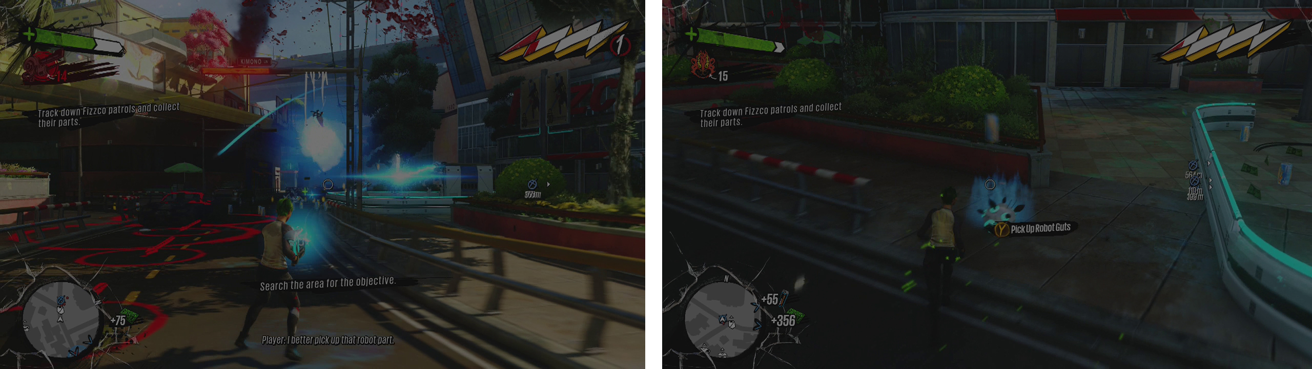 during this mission, you’ll need to attack several Fizzco checkpoints (left). At each, one of the robots will drop the Robot Guts that we need to collect (right).