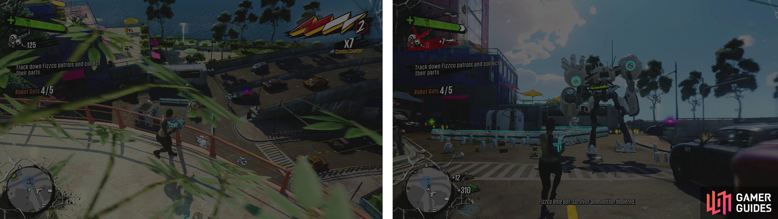 Clear out the final checkpoint (left). Eventually a Tank Bot will spawn (right). Kill him for the last quest item.