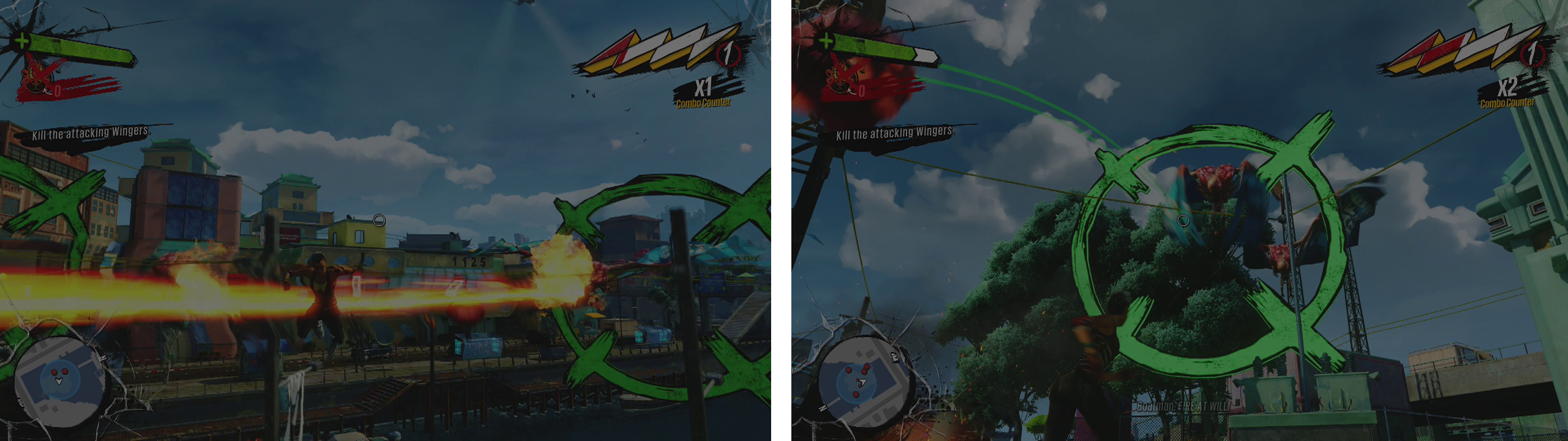 Whilst defending the boat, avoid enemy attacks (left) and then try to hit multiple wingers at once with the cannon fire (right).