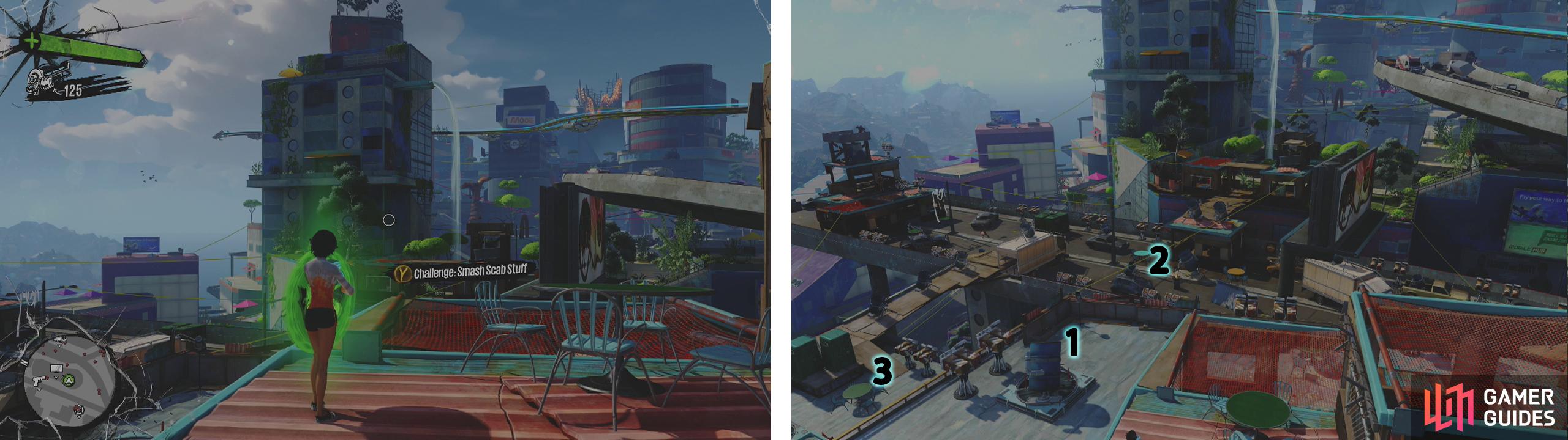 You can begin the challenge here (left). Here is our suggested route of destruction through the area (right).