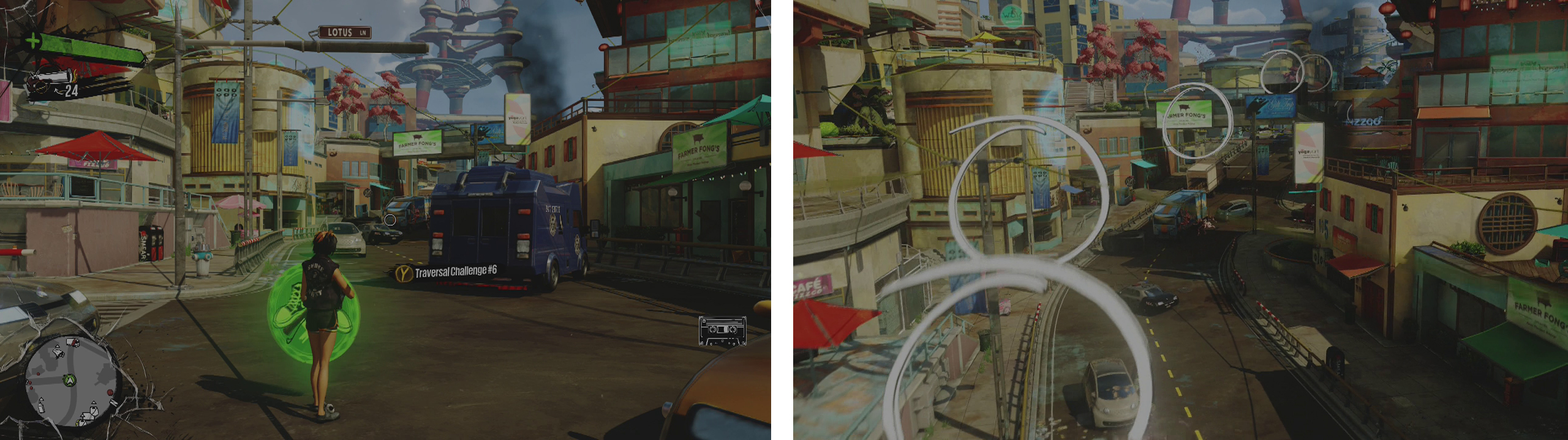 Start the challenge at the icon (left). We’ll have to grind, swing and undergrind our way to the end (right).