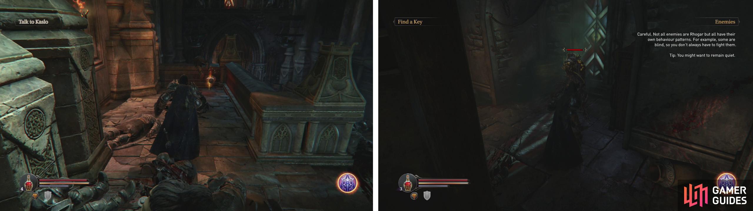 At the top of the stairs you’ll find the first Audio Note (left). Inside the door at the base of the stairs is the first Infected (right).