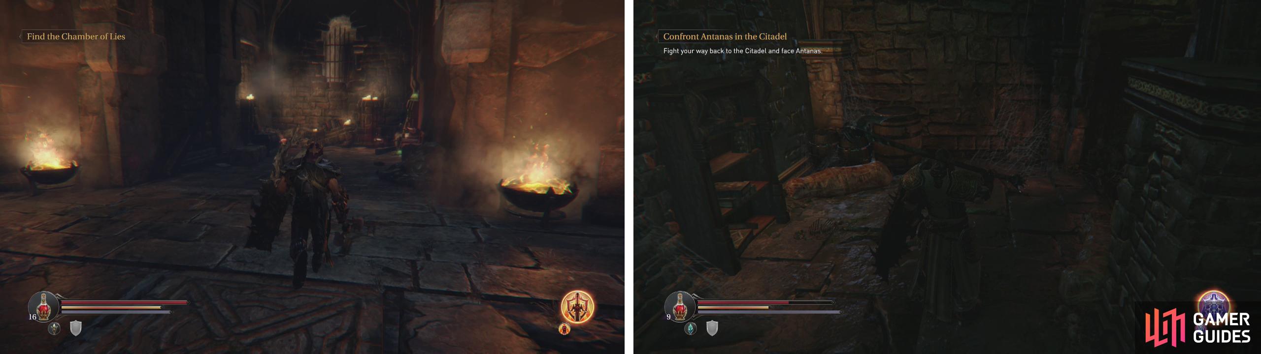 After defeating the Beast, return to the Champion’s arena to find a chest and several Audio Notes (left). There is a hidden wall in the Cellar area containing an Empty Bottle (right).