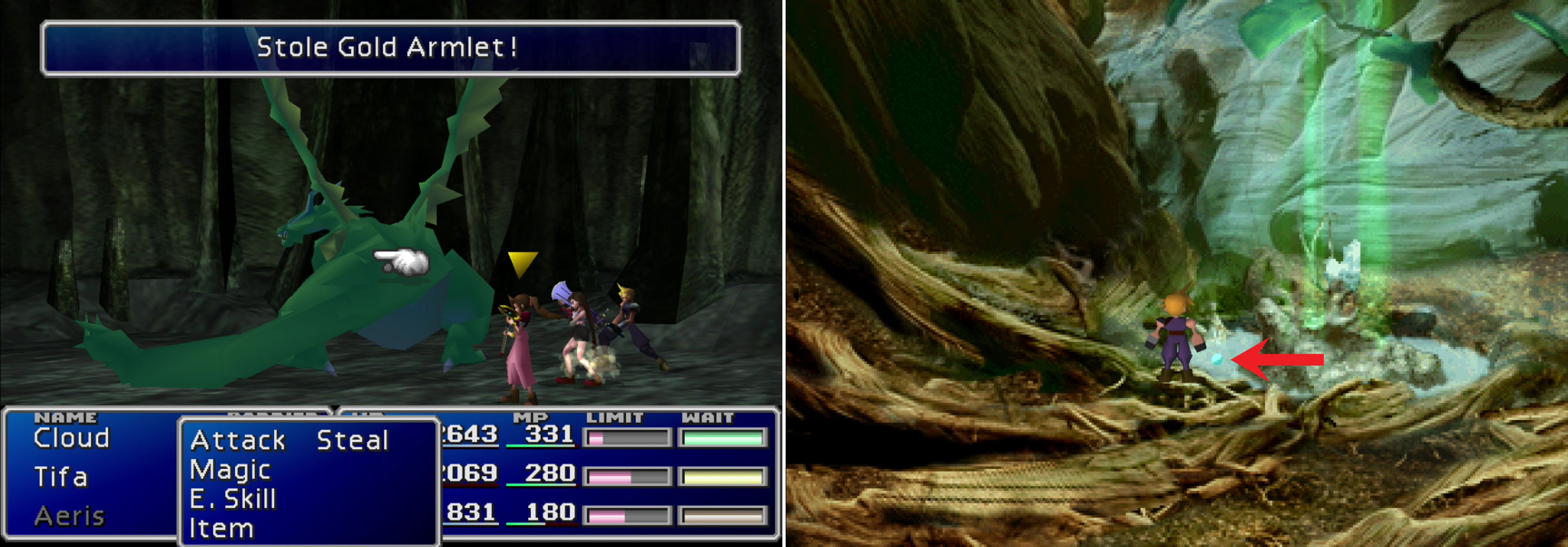 The Dragon is not only a powerful foe, but one that might be worth robbing (left). Grab the Elemental Materia near the Mako fountain Cloud, Tifa and Sephiroth visited five long years ago (right).