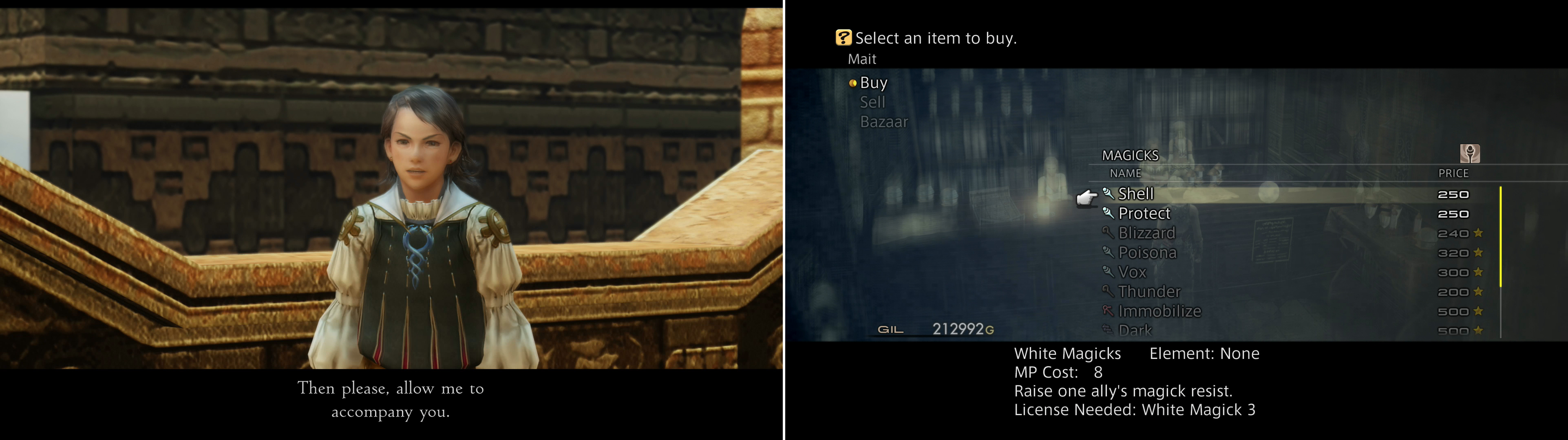 When you leave the Aerodome in Bhujerba a kid named Lamont will join your party as a guest (left). As you make your way through the city, be sure to do some shopping (right) to obtain new magicks.