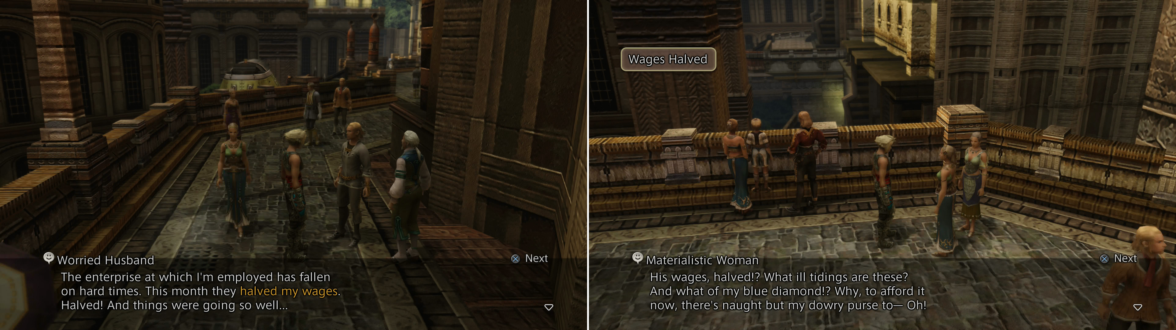 A Worried Husband laments this his employer “halved my wages” (left), but his Materialistic Wife merely turns to previously untapped resources (right).