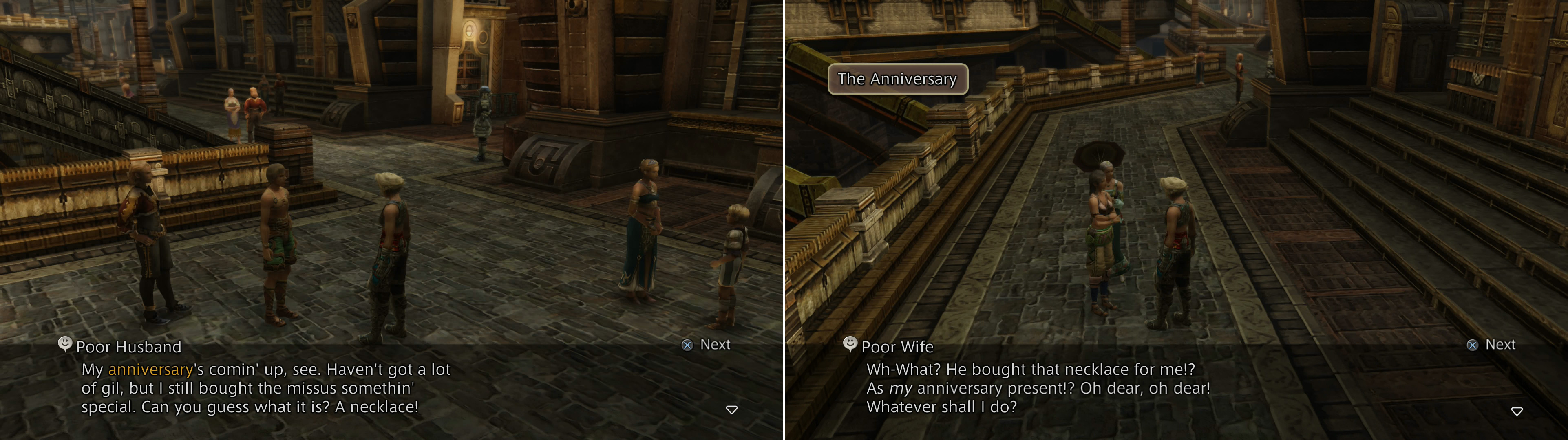 A Poor Husband reveals his “anniversary” gift to you (left), but a conversation with his Poor Wife reveals an unforeseen complication (right).