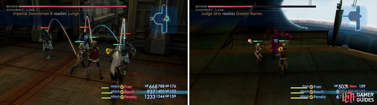 Take out the small fry first (left) before going after Ghis. Greater Barrier casts both Protect and Shell, so make sure you Dispel the buffs (right).